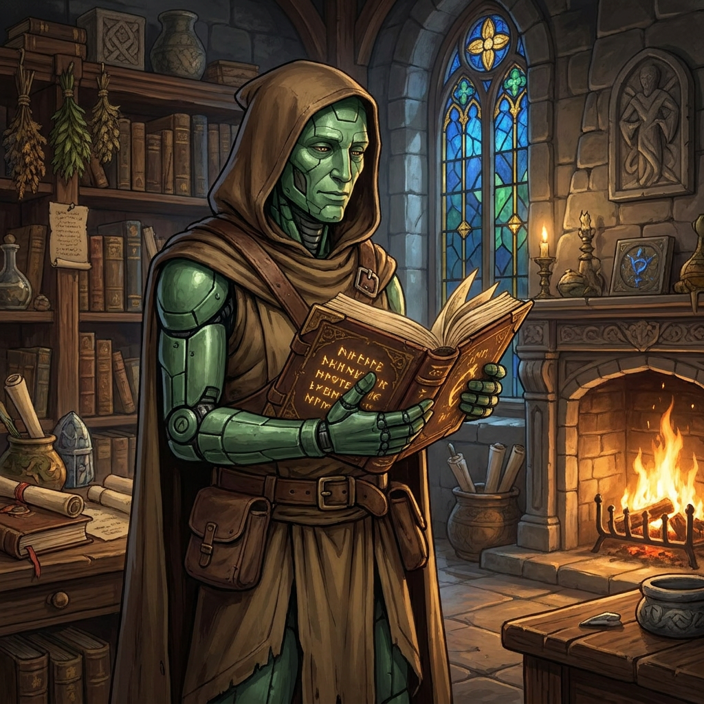 Kasbon, Skevara's ancient AI mentor, reading in a candlelit library